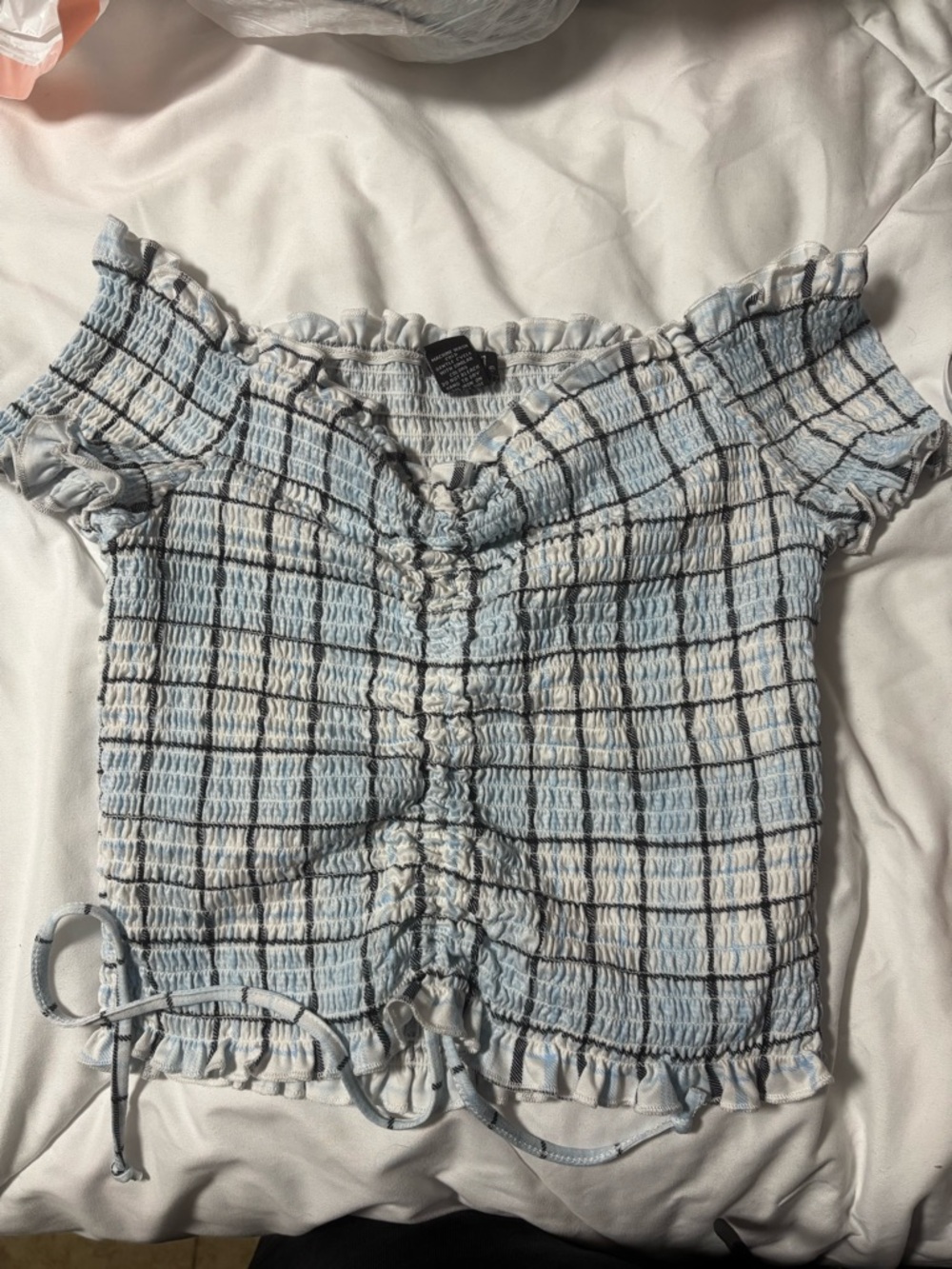 Rue21 Light Blue and White Smocked Plaid Off-Shoulder Crop Top